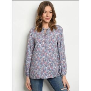 BLUE Floral Lace Collar Top Large